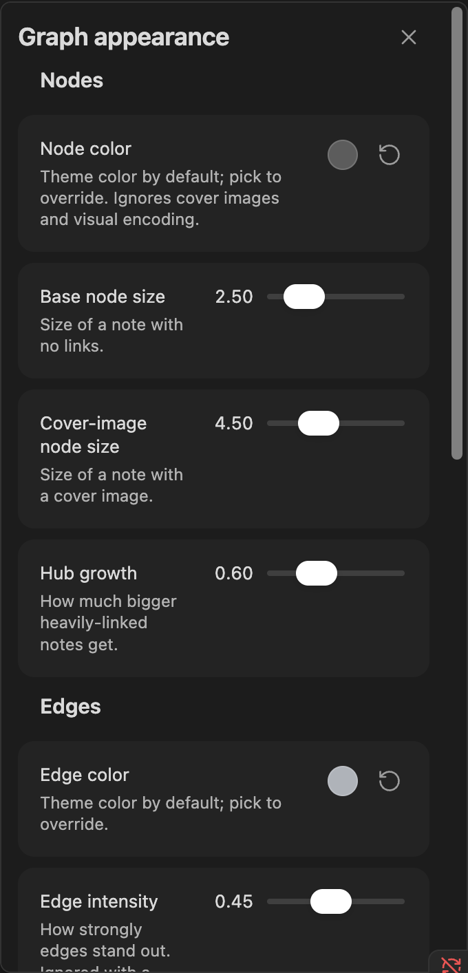The Appearance panel, dark theme