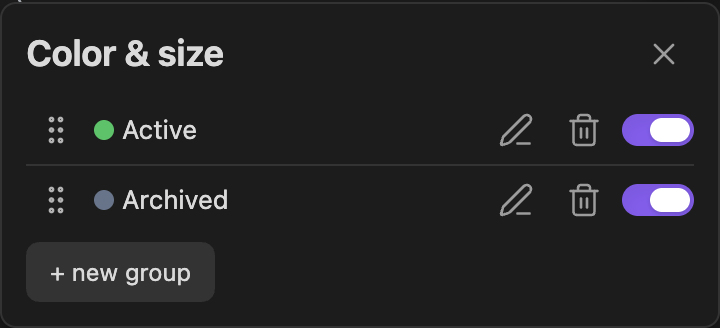 The Color & size panel with two groups set up, dark theme