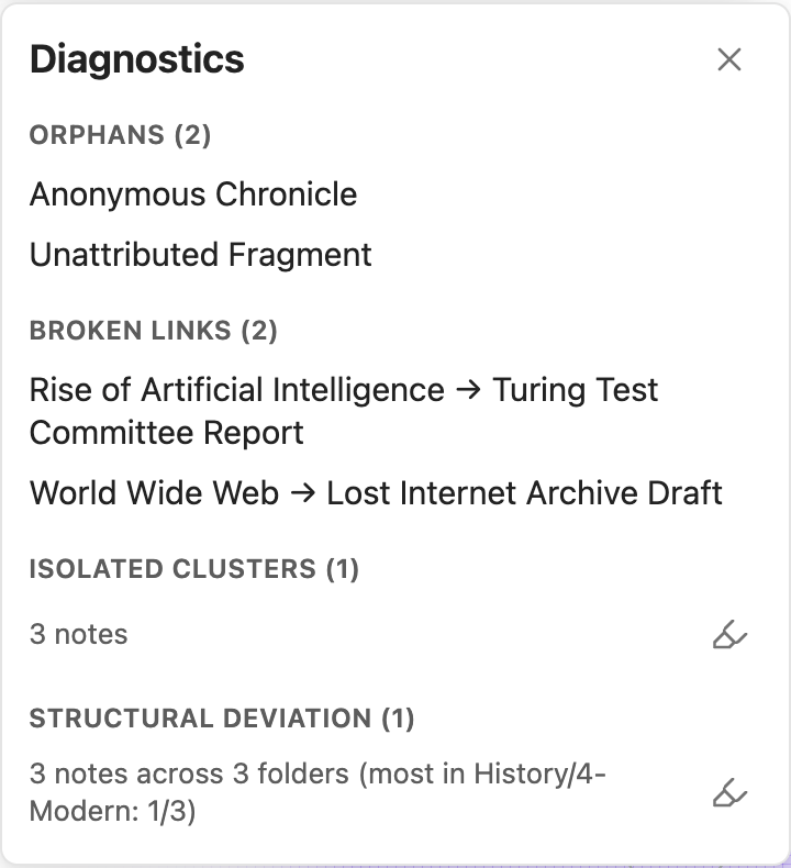 The Diagnostics panel with all four sections populated, light theme