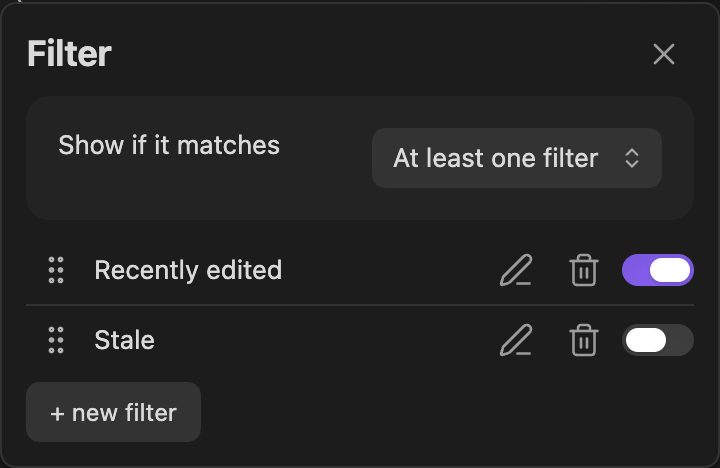 The Filter panel with two filters set up, dark theme