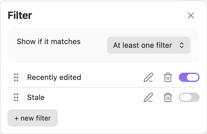 The Filter panel with two filters set up, light theme