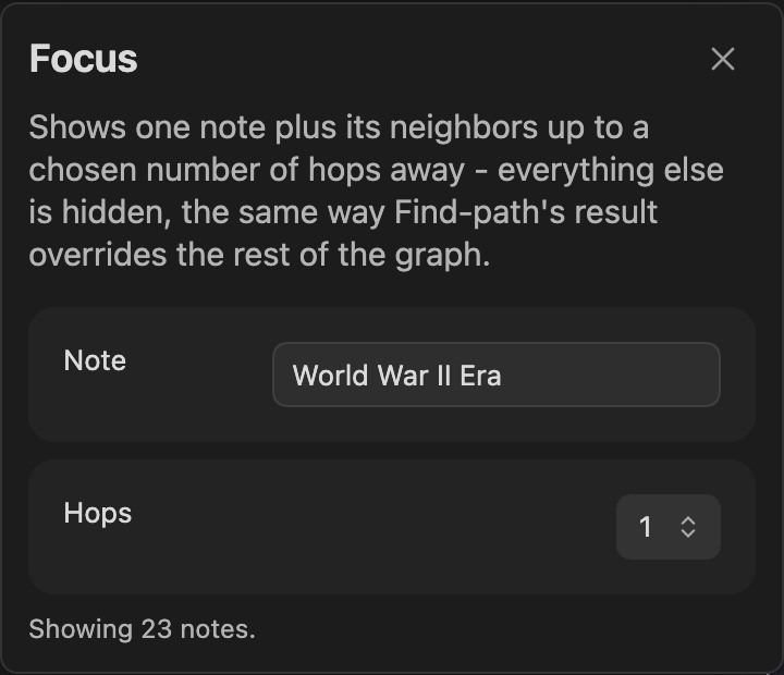 The Focus panel with a note picked and 1 hop applied, dark theme