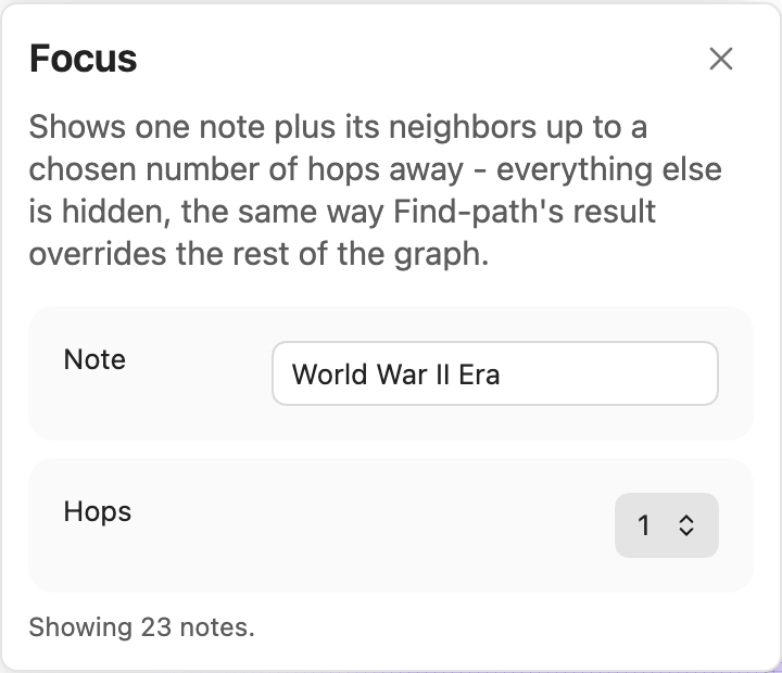 The Focus panel with a note picked and 1 hop applied, light theme