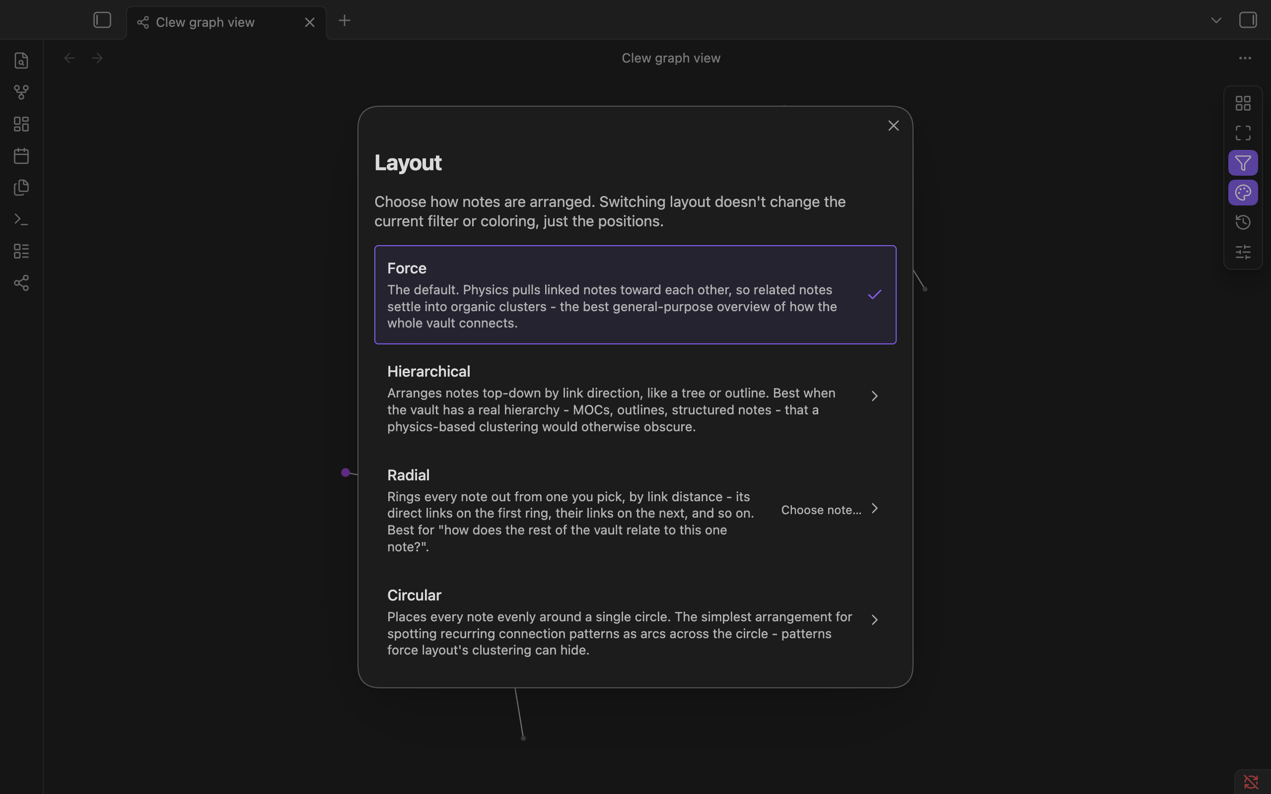 The layout picker dialog, dark theme