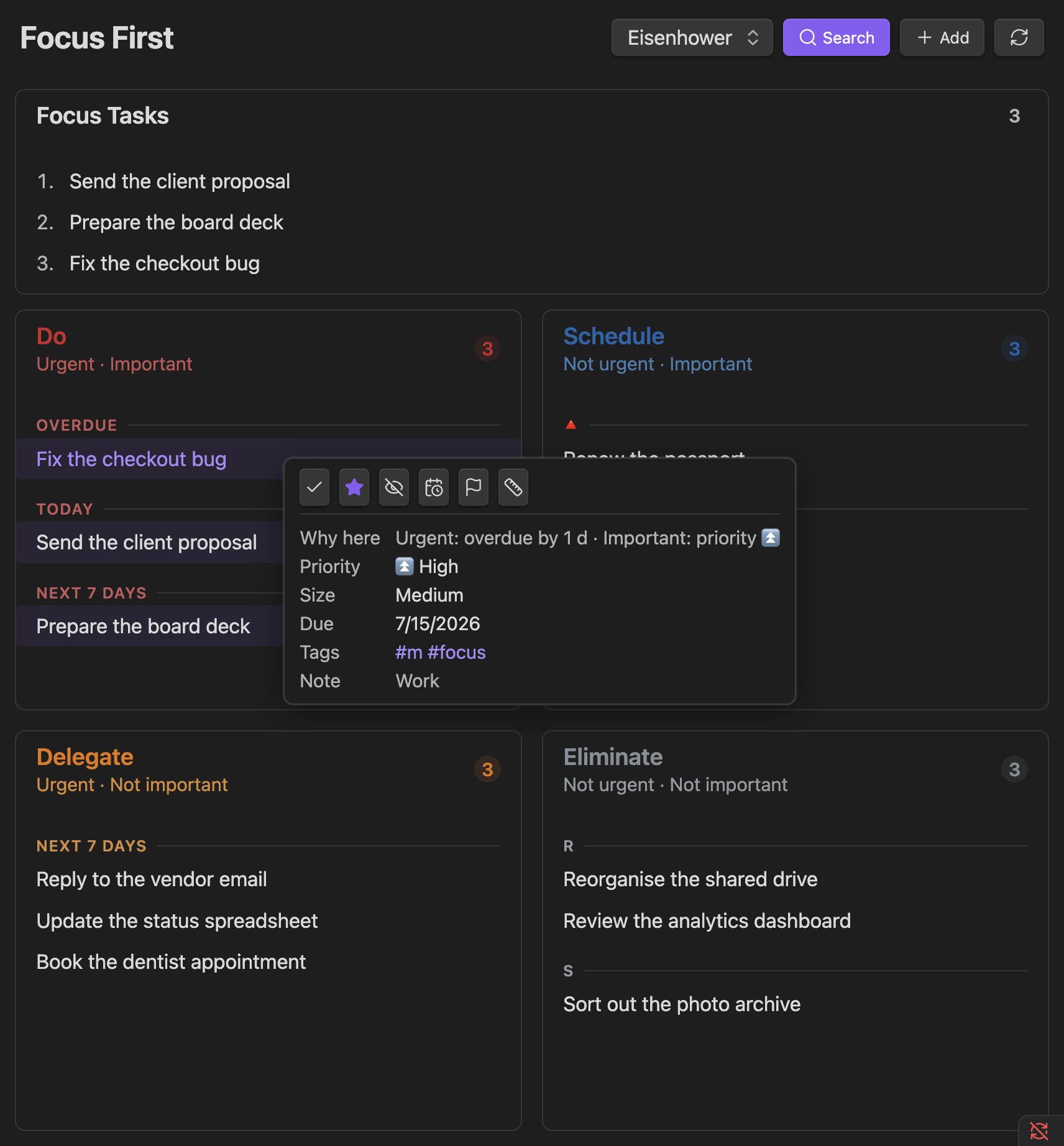 The detail popover showing the why-here reason, priority, size, due date, tags and one-click actions