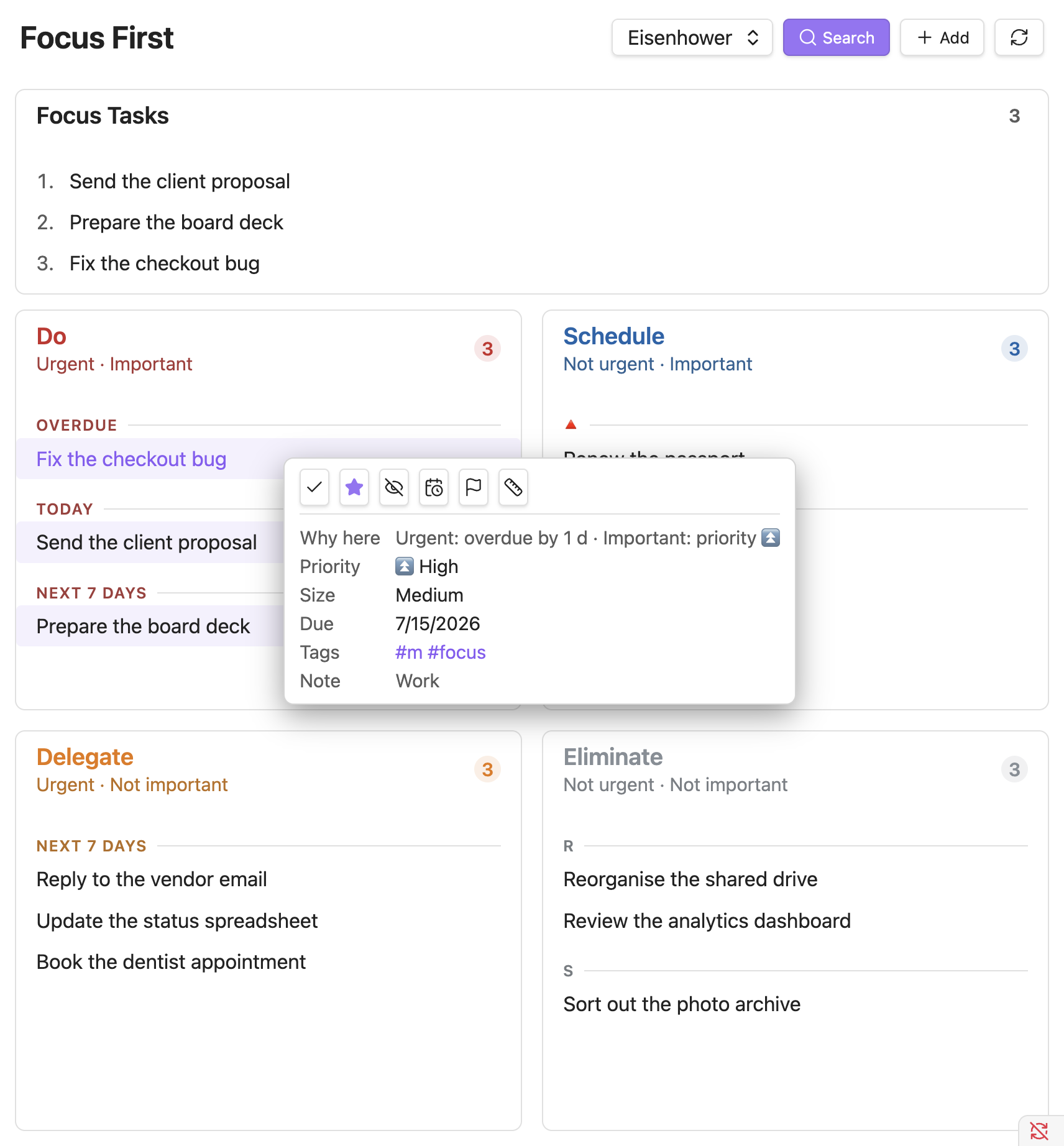 The detail popover showing the why-here reason, priority, size, due date, tags and one-click actions
