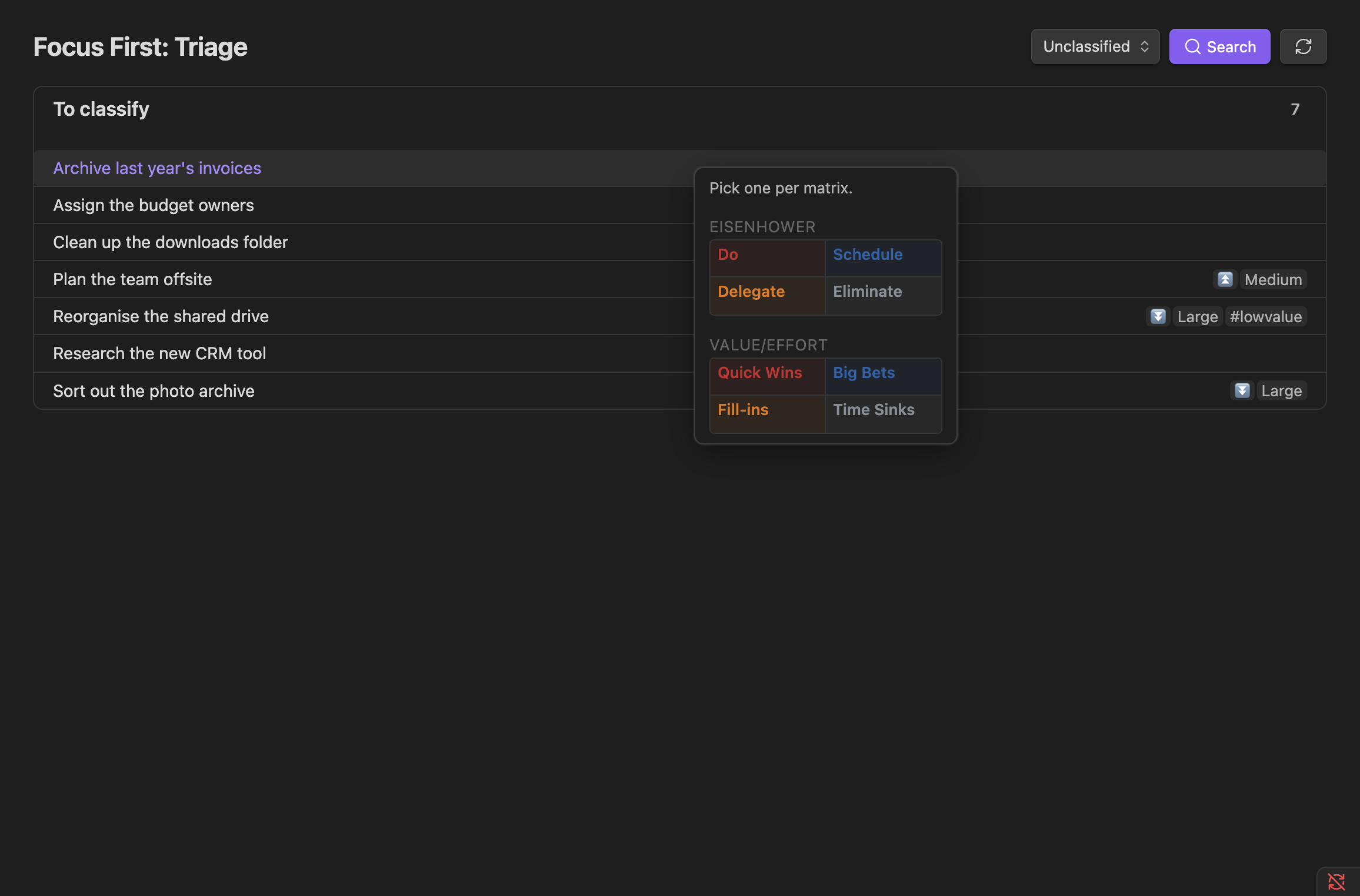 The triage view with a task's quadrant picker open