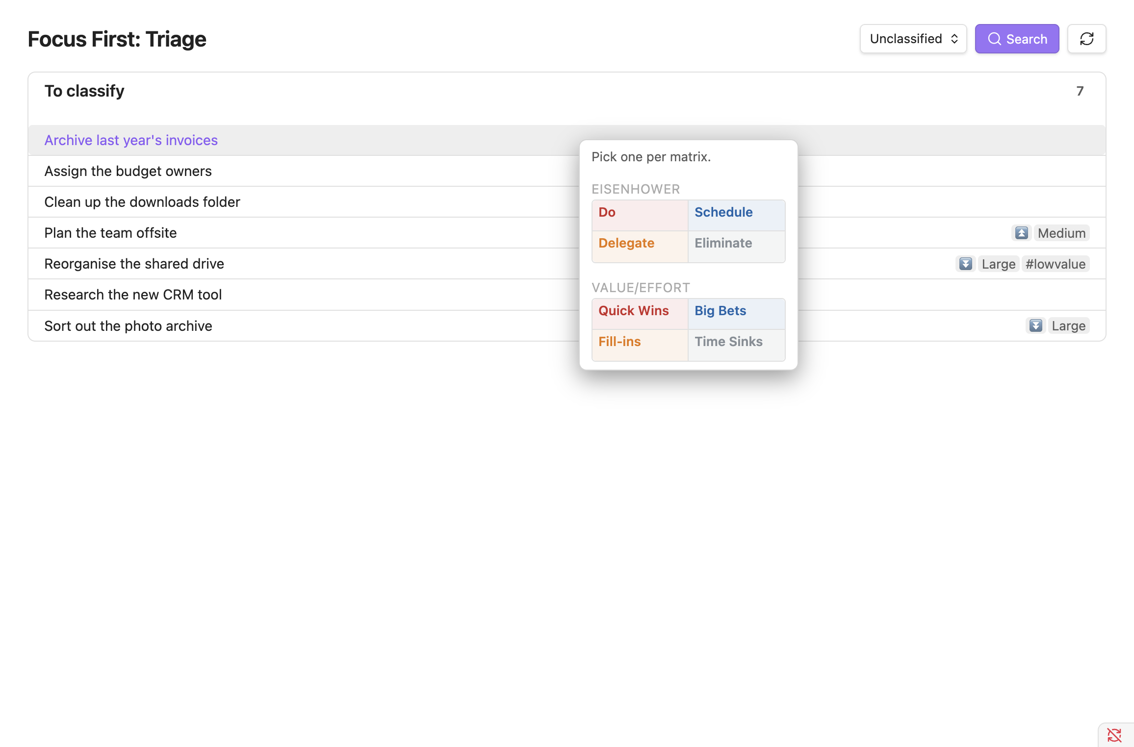 The triage view with a task's quadrant picker open